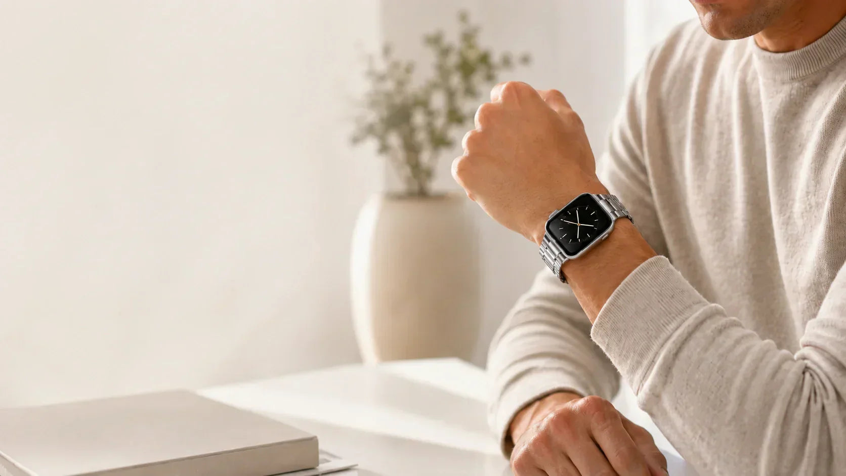 Man sitting at a desk wearing a silver metal Apple Watch on his wrist, minimalistic workspace with plant in the background, lifestyle shot showing Apple Watch sizing context